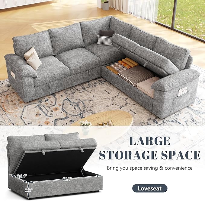 85 Inch Modular Sectional Sofa with Pull Out Bed,L Shaped 5 Seat Sectional Sleeper Sofa with Storage,Sectional Couches for Living Room,Cloud Modular Couch,Removable Sofa Cover,Light Gray-CasaMuseHome
