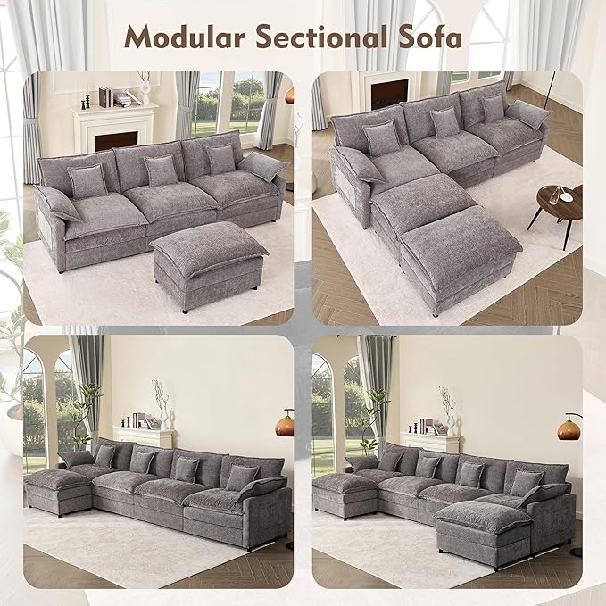 108" U Shaped Couch, Modular Sectional Sofa, 3-Seater Comfy Cloud Couch with Movable Ottoman, Deep Seat Couches for Living Room, Chenille, Slate-CasaMuseHome