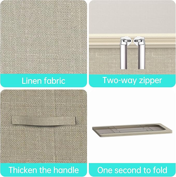 3PCS Under Bed Storage Bins with Metal Frame, Linen Fabric Frame Storage Box Clothes Organizer Bins, Underbed Container with Clear Window (Beige, 23.6 x 13 x 6IN)-CasaMuseHome