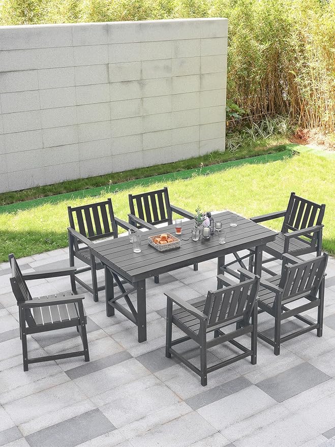 7 Pieces HDPE Outdoor Dining Set, Patio Dining Set with Umbrella Hole, All Weather Outdoor Dining Table Sets for 6, HDPE Patio Furniture Sets for Deck, Backyard, Lawn, and Poolside, Smoke Gray-CasaMuseHome