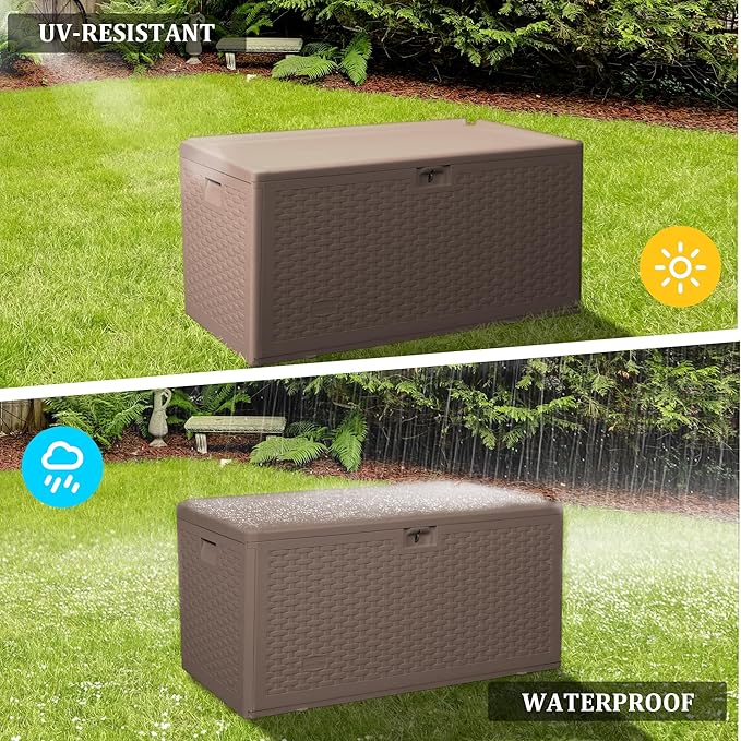 73 Gallon Pro Outdoor Storage Box Waterproof Lockable Resin Deck Box Large, Patio Storage Bin for Pool Accessories Cushion Furniture, Garden Tools, UV-Resistant Outside Delivery Brown-CasaMuseHome