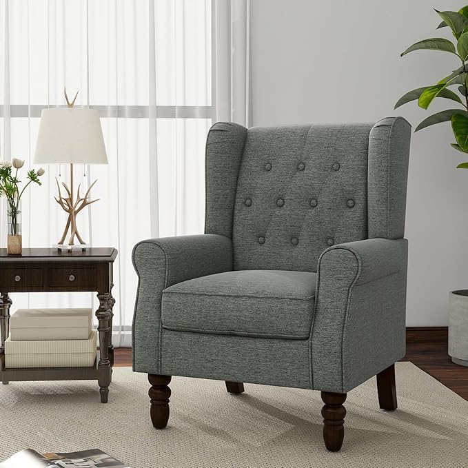 Accent Chair, Upholstered Armchair with Button Tufted High Back & Solid Wood Legs, Comfy Wingback Reading Single Sofa Chair for Small Spaces, Living Room, Bedroom (Grey, Set of 1)-CasaMuseHome