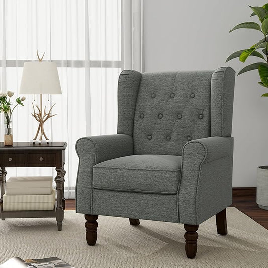 Accent Chair, Upholstered Armchair with Button Tufted High Back & Solid Wood Legs, Comfy Wingback Reading Single Sofa Chair for Small Spaces, Living Room, Bedroom (Grey, Set of 1)-CasaMuseHome
