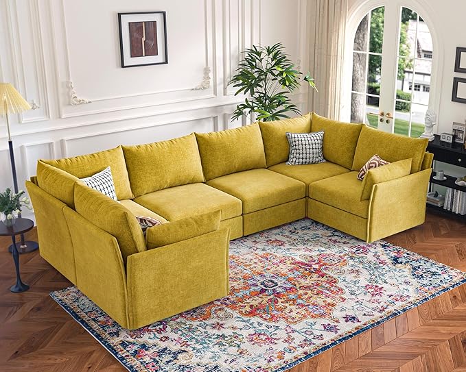 136.4" Oversized Modular Sectional Sofa, U Shaped Convertible Couch with Movable Ottoman, Large 7 Seat Corner Couches for Living Room Deep Seat Yellow Chenille-CasaMuseHome