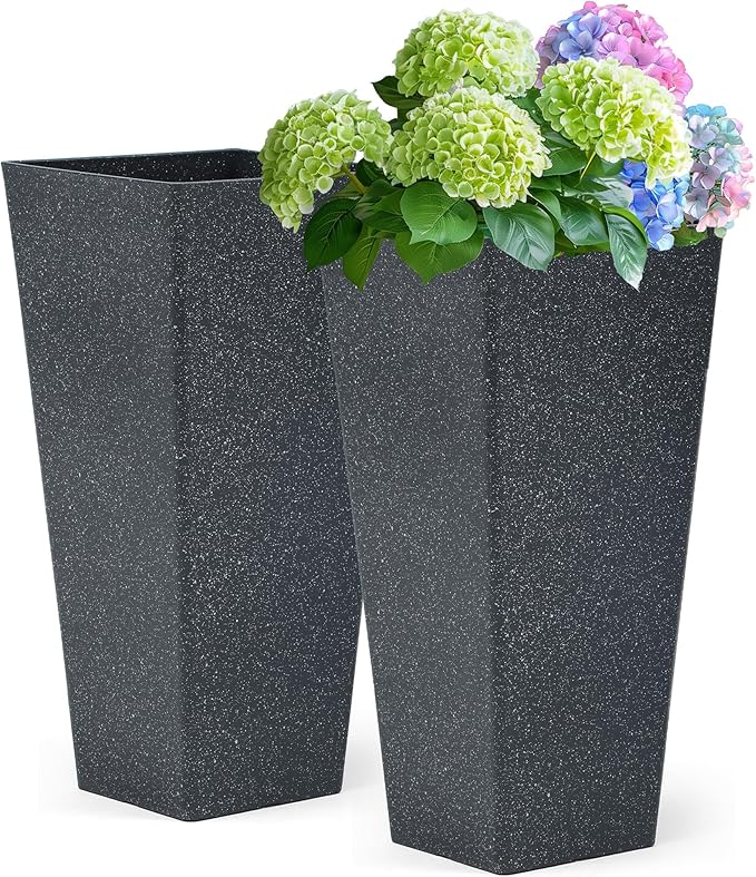 28" Large Tall Square Planters for Outdoor Plants, Set of 2 V-Shaped Planter Box with Black Terrazzo Look, Durable and Weather Resistant, Ideal or Garden, Patio, Porch or Home use.-CasaMuseHome