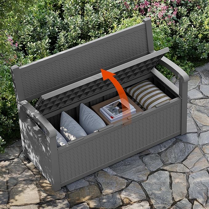 70 Gallon Outdoor Storage Box, Resin Patio Furniture with Armrest, Lockable Deck Box with Waterproof and UV Resistant for Patio Cushions, Garden Tools and Pool Supplies, Grey-CasaMuseHome