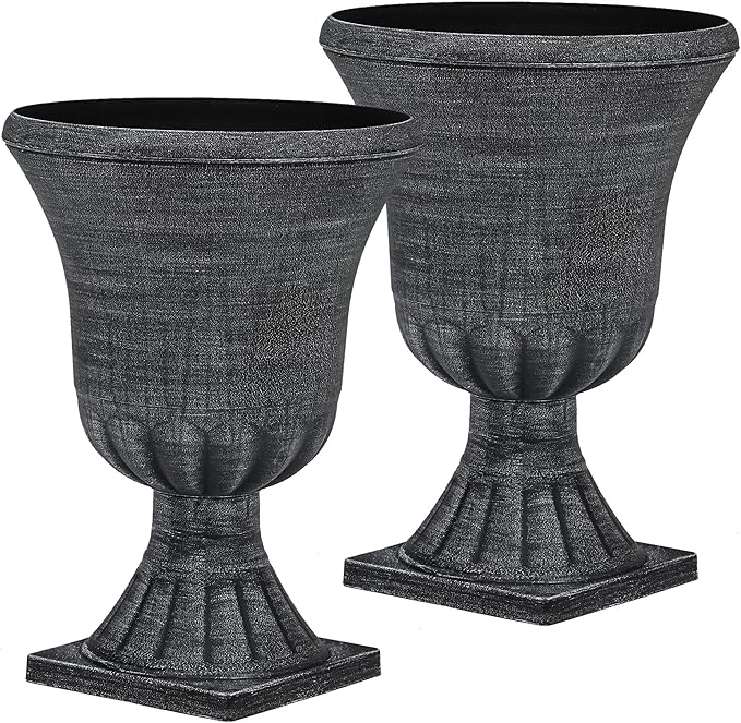 22" Timeless Urn Planters for Outdoor Plants, Set of 2 Plastic Large Flower Pot with Handmade Washed Black Finish, Weather-Resistant for Porch, Garden, Patio or Indoor Use-CasaMuseHome