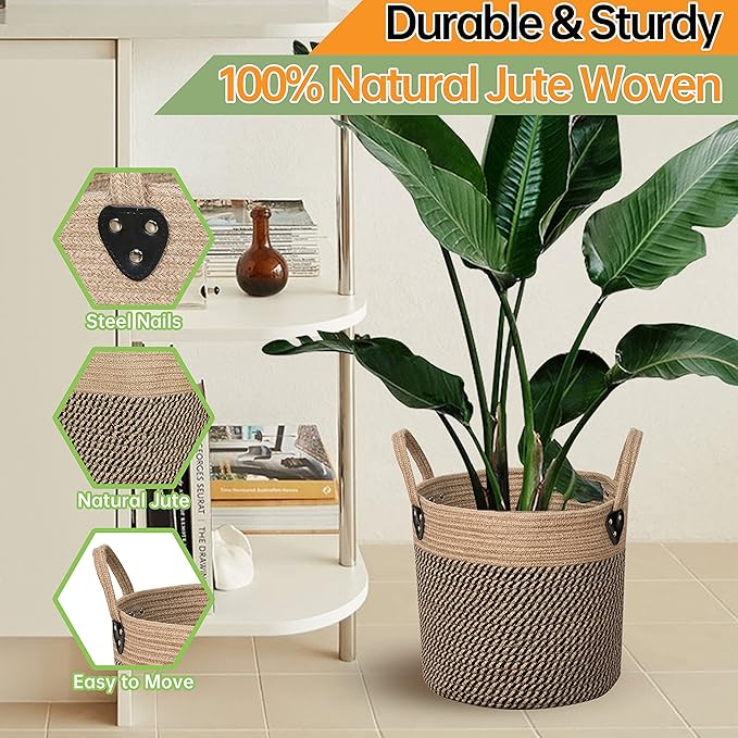 14"x12" Natural Jute Rope Woven Storage Basket with Handles for Plant, Blankets,Toys,Clothes,Shoes - Living Room Home Decor,Multifunctional Basket for Organizer,Picnic,Artificial Tree-CasaMuseHome