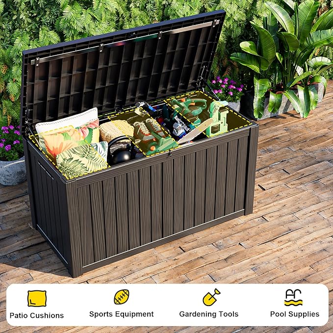 150 Gallon Outdoor Deck Box,Storage Lockable Waterproof Patio Furniture,Garden Tools,Cushions,Pool Accessories Outside Storage Resin Box(Black)-CasaMuseHome