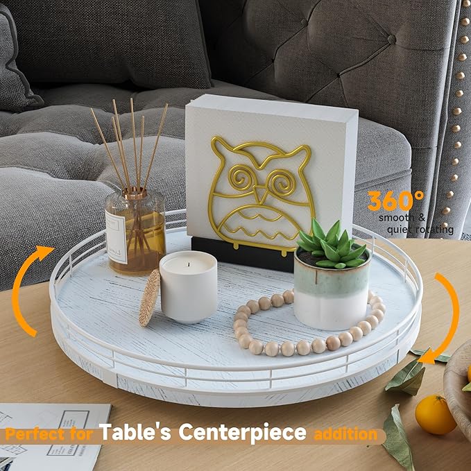 13" Oak Bathroom Vanity Tray Turntable for Perfume Candle, Round Wooden Decorative Tray for Kitchen Sink Countertop Organizer, Bathroom Counter Organizer for Skincare Makeup, Rustic White-CasaMuseHome