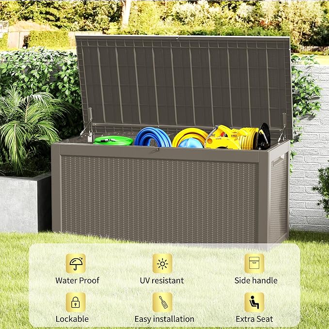 320 Gallon Lockable Resin Deck Box, Waterproof & UV-Resistant Outdoor Storage Box for Outdoor Cushion Storage, Garden Tools & Pool Accessories Storage, Gray-CasaMuseHome