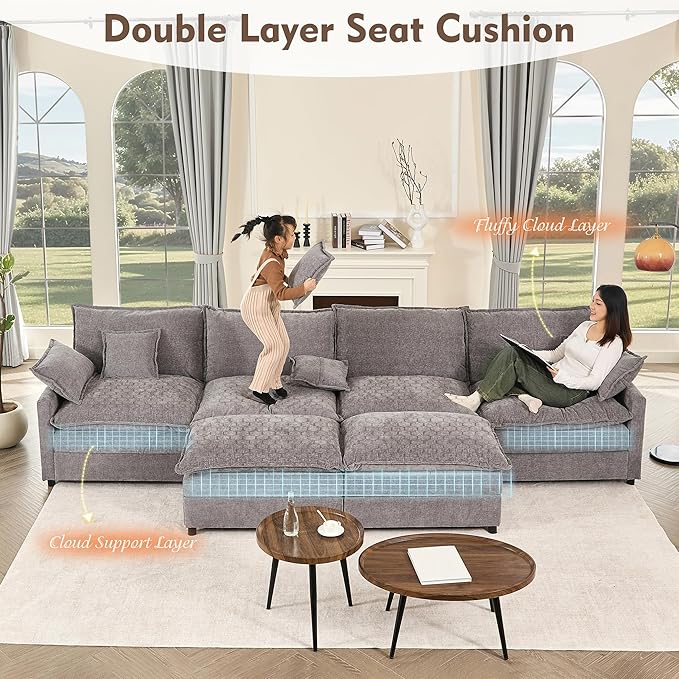 142.5" U Shaped Couch, Modular Sectional Sofa, 3-Seater Comfy Cloud Couch with Movable Ottoman, Deep Seat Couches for Living Room, Chenille, Slate-CasaMuseHome
