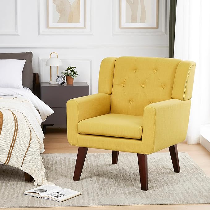 Accent Chair Button-Tufted Upholstered Living Room Chairs Comfy Reading Chair Mid Century Modern Chair with Linen Fabric Lounge Arm Chairs for Living Room Bedroom (Bright Yellow)-CasaMuseHome