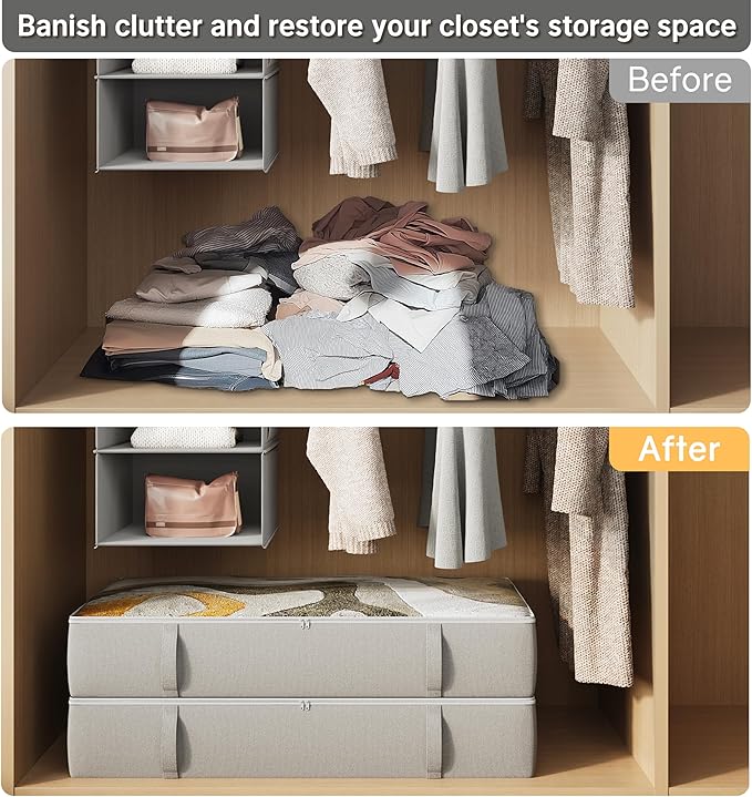 2-Pack Under Bed Storage Containers, 8 Inches Tall Underbed Clothes Storage Organizer Bin with Sturdy Sidewalls/Bottom, Under the Bed Storage Bags 2 Storage Bins, Light Grey-CasaMuseHome