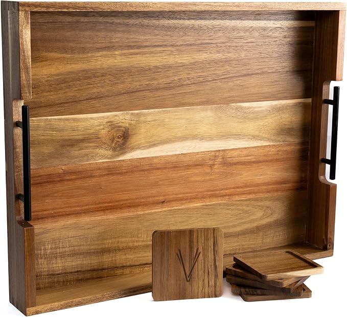 Acacia Wooden Ottoman Tray for Living Room – 21" Large Coffee Table Serving Tray with Handles & 6 Coasters Set, Perfect for Food, Drinks, Kitchen, and Home Decor-CasaMuseHome