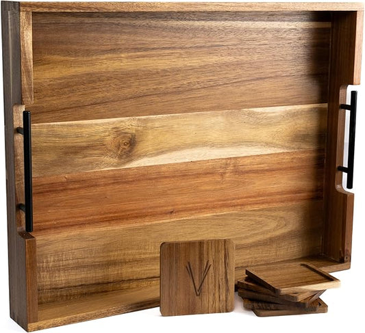 Acacia Wooden Ottoman Tray for Living Room – 21" Large Coffee Table Serving Tray with Handles & 6 Coasters Set, Perfect for Food, Drinks, Kitchen, and Home Decor-CasaMuseHome