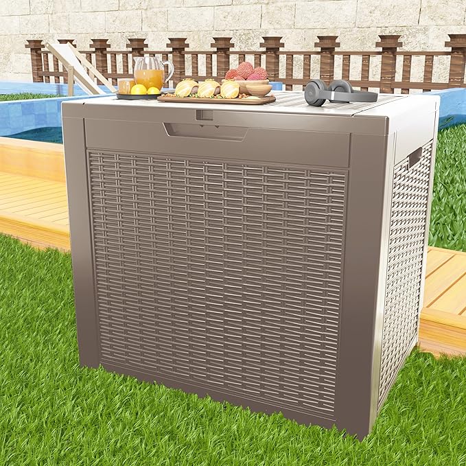31 Gallon Outdoor Deck Box,Storage Lockable Waterproof Patio Furniture,Garden Tools,Cushions,Pool Accessories Outside Storage Resin Box(Grey)-CasaMuseHome