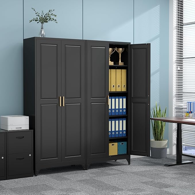 75" Kitchen Pantry Cabinet, Black Metal Storage Cabinets with 2 Doors and 4 Adjustable Shelves, Tall Pantry Storage Cabinet for Kitchen, Dining Room, Living Room-CasaMuseHome