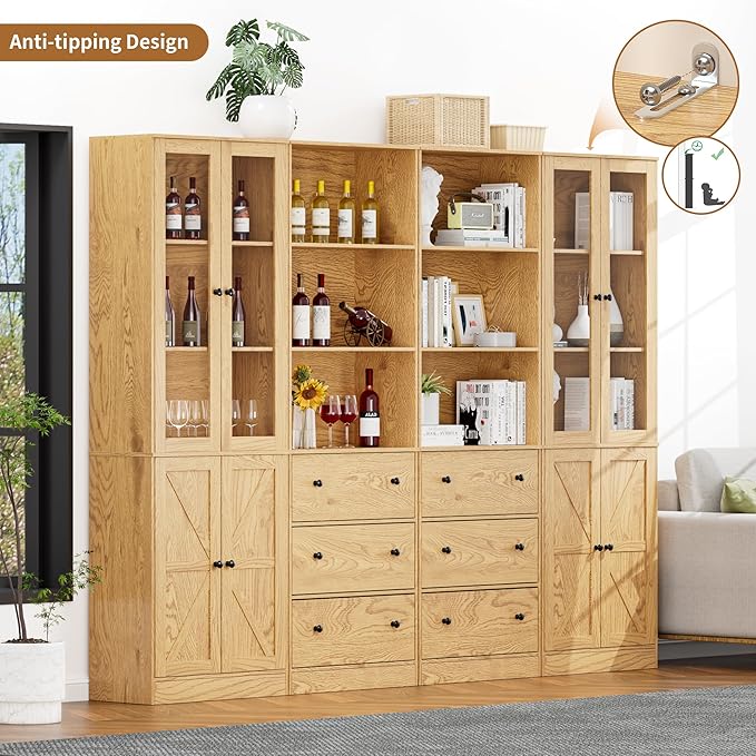 71" Tall Bookshelves Set of 4, 2 Bookcases with Drawers & 2 Bookshelves with Doors, Wooden Bookshelves Floor Standing Display Storage Shelves Home Decor Furniture for Home Office, Living Room-CasaMuseHome