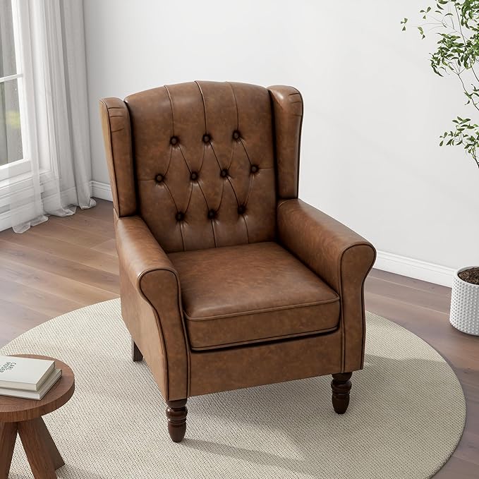 Accent Chair, Upholstered Armchair with Button Tufted High Back & Solid Wood Legs, Comfy Wingback Reading Single Sofa Chair for Small Spaces, Living Room, Bedroom (Leather Brown, Set of 1)-CasaMuseHome