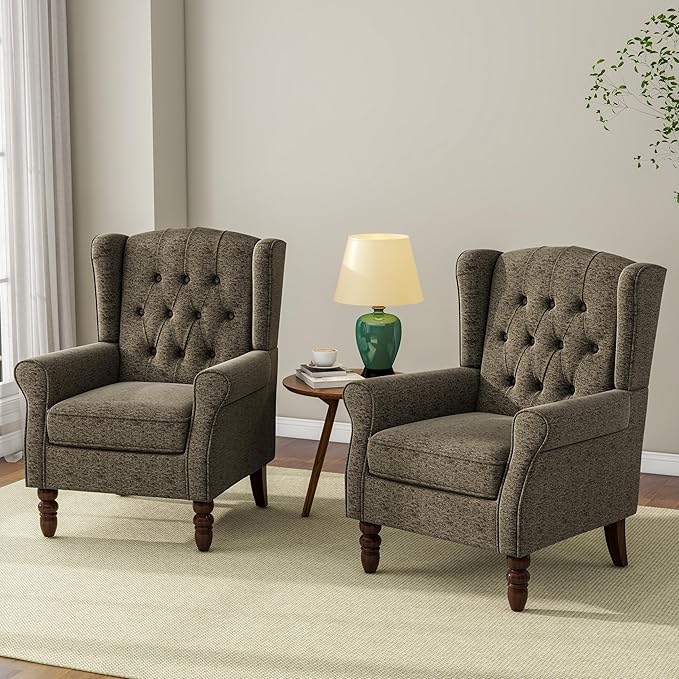 Accent Chair, Upholstered Armchair with Button Tufted High Back & Solid Wood Legs, Comfy Wingback Reading Single Sofa Chair for Small Spaces, Living Room, Bedroom (Taupe, Set of 2)-CasaMuseHome