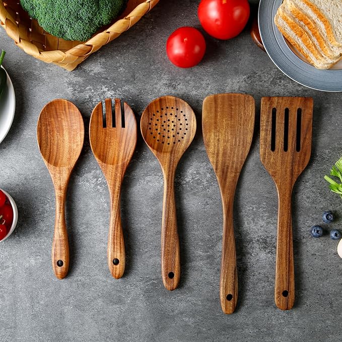 5 Piece Wooden Spoons for Cooking - Natural Finish Wooden Cooking Utensils - Soft Grip Wood Spoons - Non-Stick Wooden Spoons-CasaMuseHome