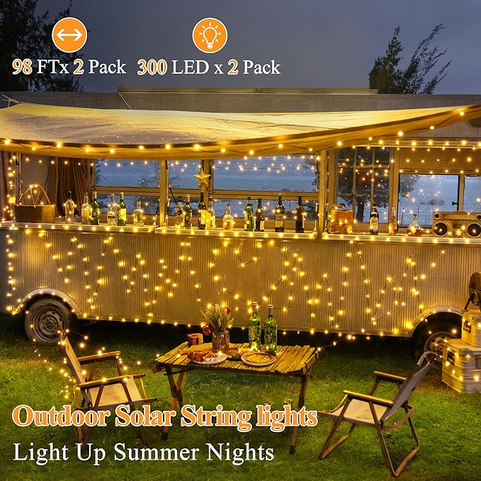 2 Pack Solar String Lights Total 600LED 197FT, IP67 Waterproof Solar Lights for Outside with 8 Modes, Fairy Lights for Patio Garden Party Wedding Yard Camping Decorations (Warm White)-CasaMuseHome