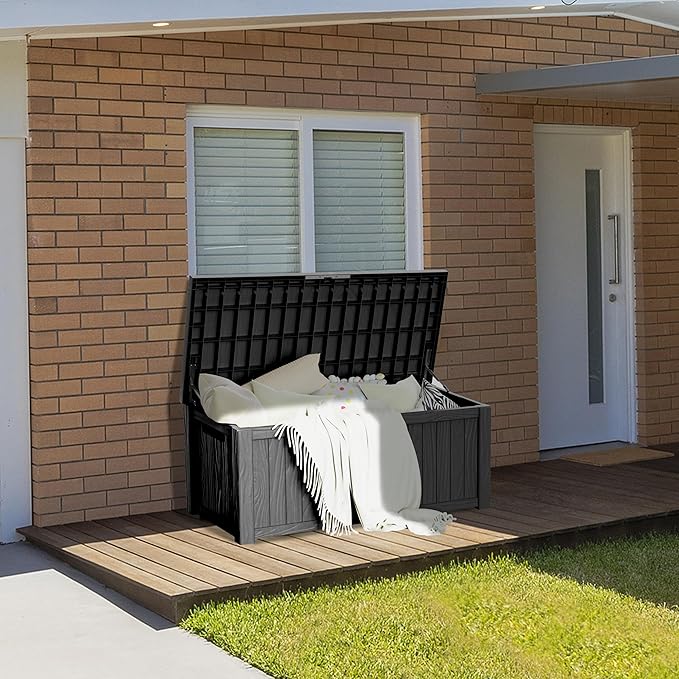 150 Gallon Lockable Resin Deck Box, Waterproof & UV-Resistant Outdoor Storage Box for Outdoor Cushion Storage, Garden Tools & Pool Accessories Storage, Black-CasaMuseHome