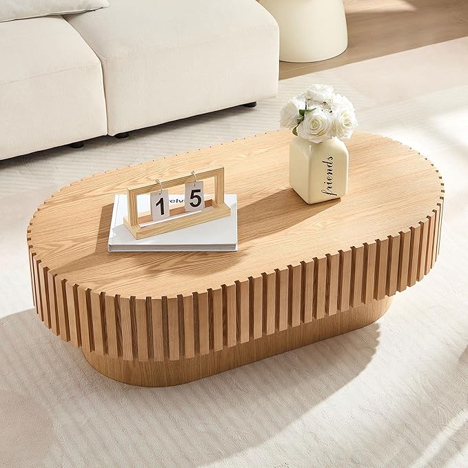 43.7" Oval Coffee Table for Living Room,Modern Handcraft Drum Coffee TableSmall Wooden Coffee Table with Sturdy Pedestal Easy Assembly for Office-Natural-CasaMuseHome