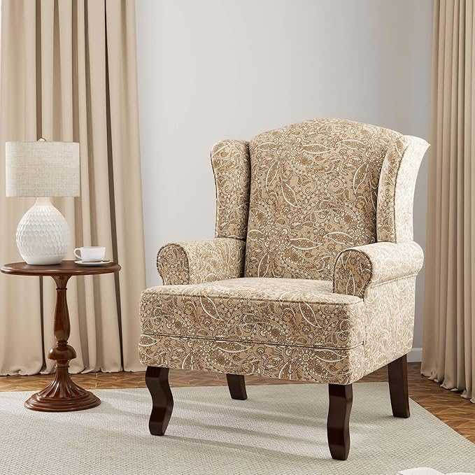 Accent Chair, High Back Upholstered Armchair with High Resilience Sponge & Wood Legs, Mid-Century Modern Comfy Single Sofa Reading Chairs for Living Room, Bedroom (Floral Light Brown, Set of 1)-CasaMuseHome