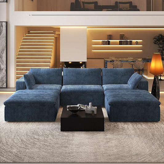 118" U Shaped Modern Sofa Modular Sectional Cloud Couch with 2 Ottoman,Upholstered Couches with Plush Corduroy Fabric for Living Room Furniture,Bedroom and Apartment,No Assembly Required,Blue-CasaMuseHome