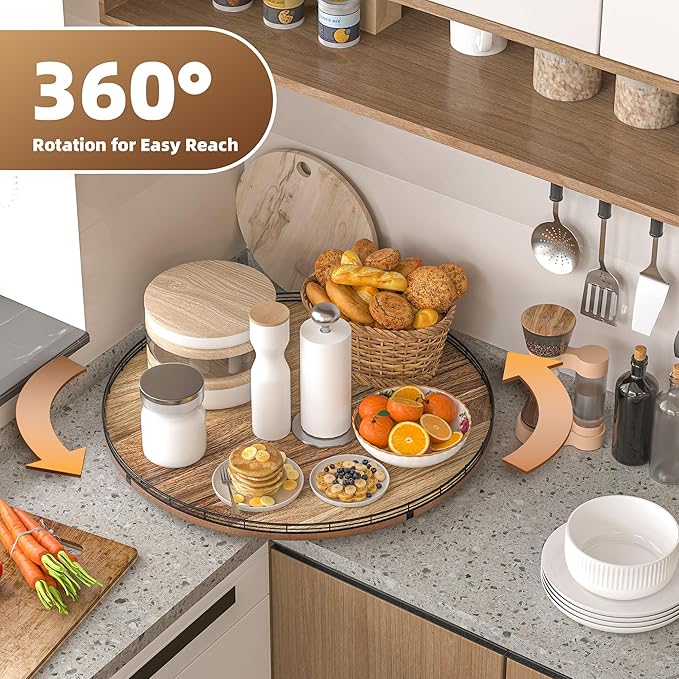Acacia Wood 24" Lazy Susan Turntable Organizer for Table Top, Farmhouse Extra Large Round Lazy Susan for Serving Kitchen Countertop Cabinet for Charcuterie Centerpiece, Bathroom Vanity Tray Decor-CasaMuseHome