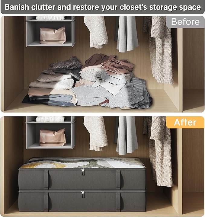 2-Pack Under Bed Storage Containers, 8 Inches Tall Underbed Clothes Storage Organizer Bin with Sturdy Sidewalls/Bottom, Under the Bed Storage Bags 2 Storage Bins, Black-CasaMuseHome
