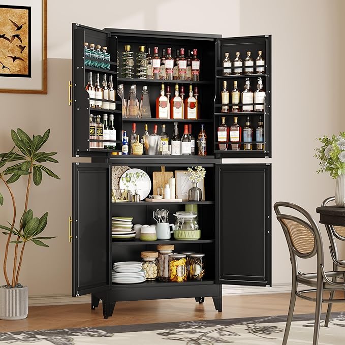 74.8" Tall Metal Food Cabinet, Black Kitchen Pantry Cabinet, Storage Cabinets with 4 Door and 4 Adjustable Shelves, Steel Freestanding Cupboard for Kitchen Dining Room Living Room Bathroom-CasaMuseHome