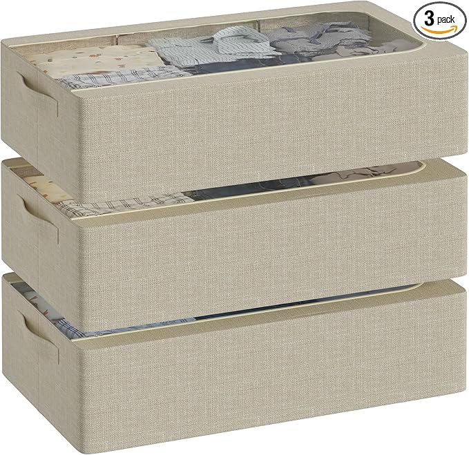 3PCS Under Bed Storage Bins with Metal Frame, Linen Fabric Frame Storage Box Clothes Organizer Bins, Underbed Container with Clear Window (Beige, 15.7 x 13 x 6IN)-CasaMuseHome