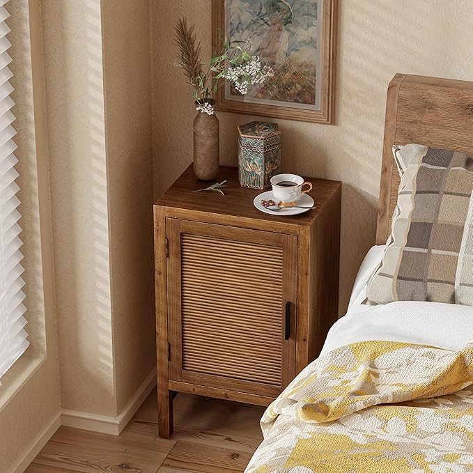 1 Door Farmhouse Nightstand, Rustic Slat Door Cabinet with 2 Shelves, Accent End Table with Storage for Bedroom, Brown-CasaMuseHome