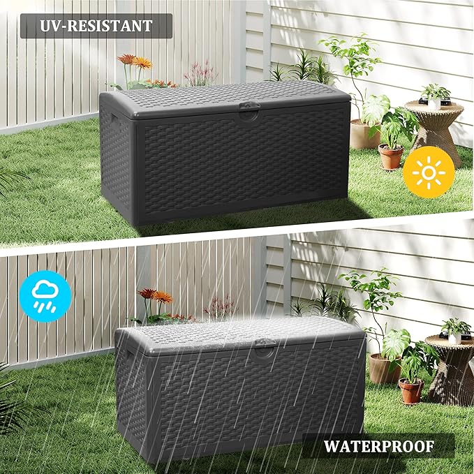 80 Gallon Plus Outdoor Storage Box Waterproof Lockable Resin Deck Box Large, Patio Storage Bin for Pool Accessories Cushion Furniture, Garden Tools, UV-Resistant Outside Delivery Black-CasaMuseHome