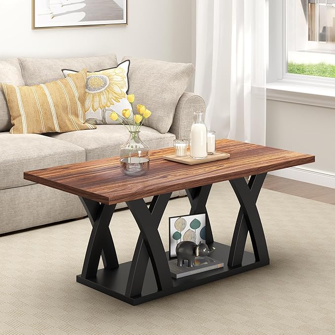 47” Wood Coffee Tables for Living Room Rustic Stands with Storage Shelf Black Blown Coffee Tables for Living Room Farmhouse Center Stands with Shelf. Farmhouse Rectangle Center Table-CasaMuseHome