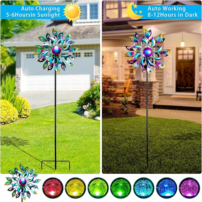 51.9" Peacock Solar Wind Spinner Outdoor Decor – Waterproof LED Lighted Garden Art with Adjustable Metal Pole, IP65 Weather Resistant for Yard, Patio-CasaMuseHome