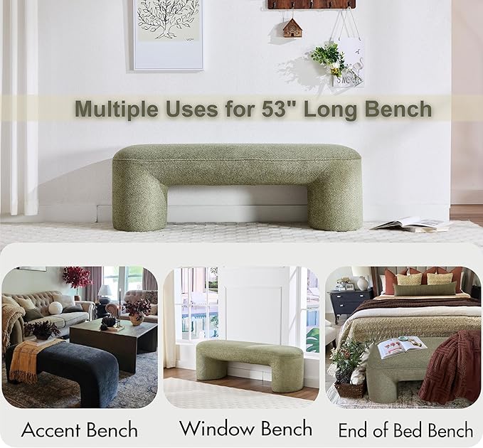 3-Piece 53" Comfy Upholstered Dining Bench with 2 Ottomans, Accent Waterfall Bench Modern End of Bed Entryway Bench Vanity Stool, Green Chenille-CasaMuseHome