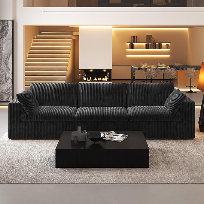 118" 3-Seater Cloud Sofa,Modular Sectional Couch,Modern Deep Seat Upholstered Couches with Plush Corduroy Fabric for Living Room Furniture,Bedroom and Apartment,No Assembly Required,Black-CasaMuseHome
