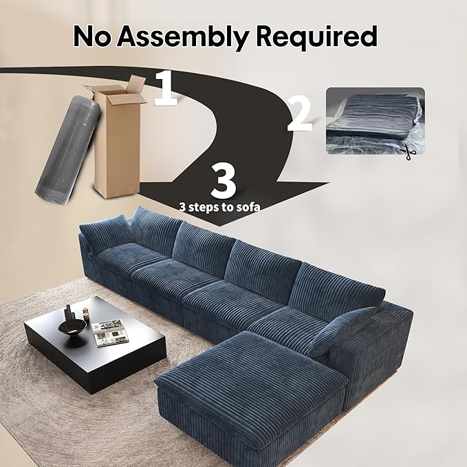157.5" L Shaped Modern Sofa Modular Sectional Cloud Couch with Ottoman,Deep Seat Upholstered Couches with Corduroy Fabric for Living Room Furniture,Bedroom and Apartment,No Assembly Required,Blue-CasaMuseHome
