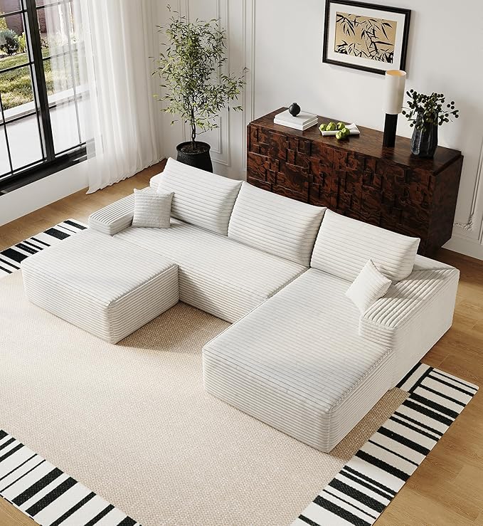 108" Sectional Couches for Living Room Modern Modular Sofa with L-Shape Couchs Upholstered Boneless Couch Deep Seat Sectional Couch with Chaise (White, Right Facing Chaise+2Seaters+1Ottoman)-CasaMuseHome