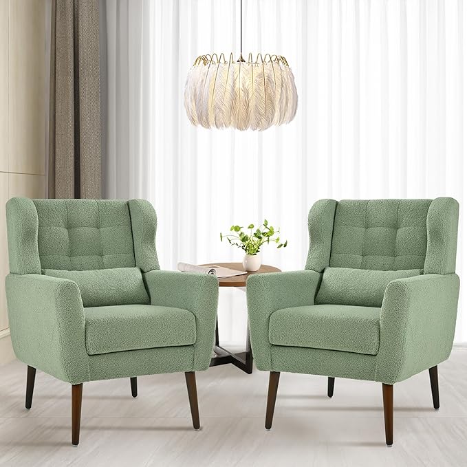 Accent Chair Set of 2, Upholstered Armchair with Pillow, Teddy Single Sofa Chair with Lounge Seat and Wood Legs for Living Room Small Spaces-CasaMuseHome