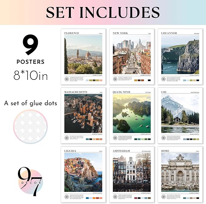 97 Decor Vintage Travel Wall Decor - Around World Travel Wall Art, Trendy City Wall Art Prints, Retro New York Europe Aesthetic Destination Pictures (8x10 Unframed)-CasaMuseHome
