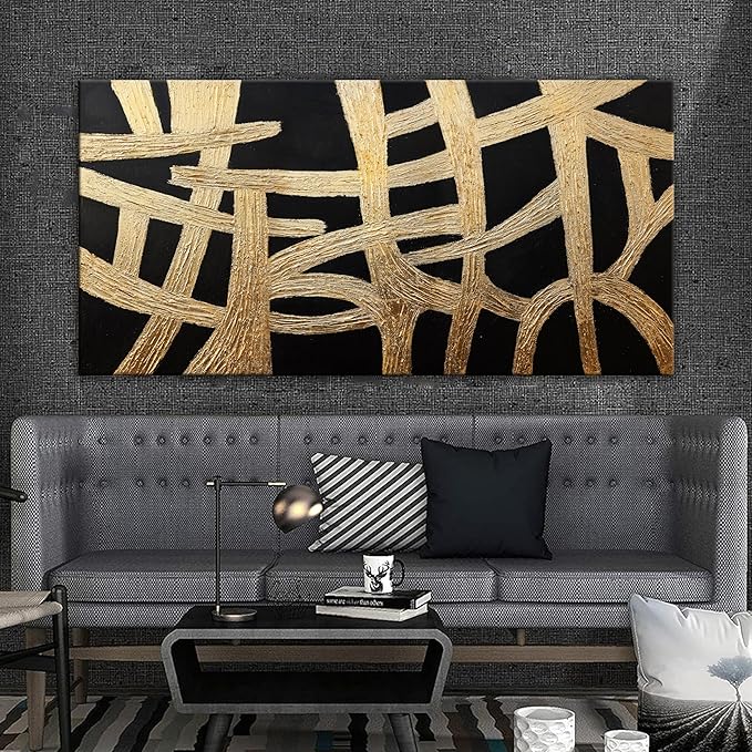 Abstract Wall Art Paintings Wall Decor Large Canvas Wall Art Decor Black And Gold Lines Texture Wall Art Artwork Modern Minimalist Wall Art Living Room For Room Bedroom Office Wall Decor 29"X58"-CasaMuseHome