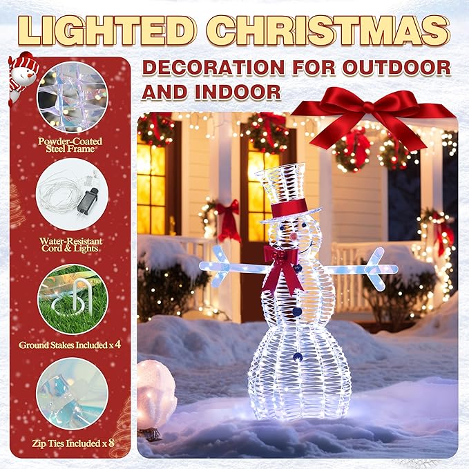 4.5FT Lighted Snowman for Christmas Decoration, 3D Pre-Lit Iridescent Snowman Xmas Decor with 100 LED Lights, Glittered Standing Holiday Display for Outdoor, Indoor-CasaMuseHome
