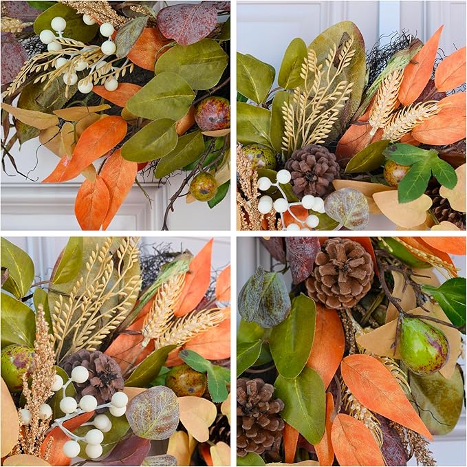24" Fall Wreath for Front Door Handmade with Artificial Autumn Leaves, Natural Pinecones, Faux Berries and Wheat, Autumn Harvest Wreath Decoration for Home Farmhouse Door Wall Window Porch-CasaMuseHome
