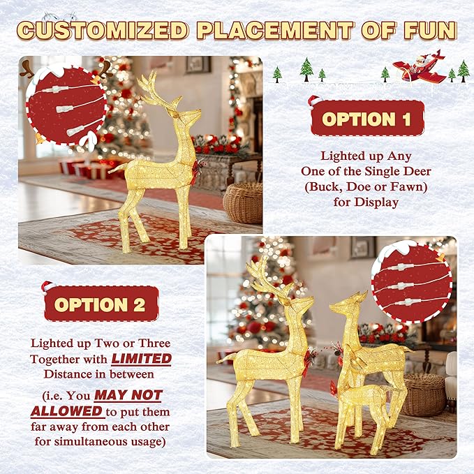 4.5FT Lighted Reindeer Family Set for Christmas Decoration, 3 Pieces Pre-Lit Iridescent Deer with 200 LED Lights, 3D Glittered Standing Holiday Display for Outdoor, Indoor, Golden-CasaMuseHome