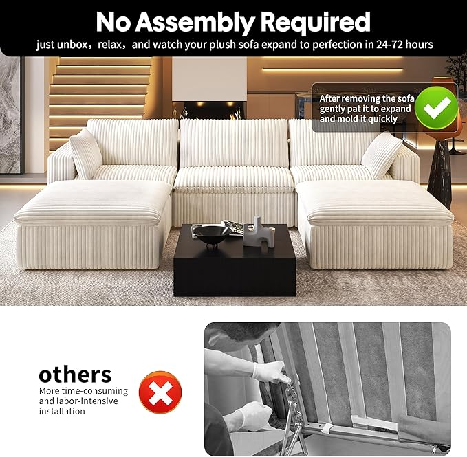 118" U Shaped Modern Sofa Modular Sectional Cloud Couch with 2 Ottoman,Upholstered Couches with Corduroy Fabric for Living Room Furniture,Bedroom and Apartment,No Assembly Required,White-CasaMuseHome